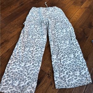 aerie Gray and White Leopard Print Wide Leg Jeans